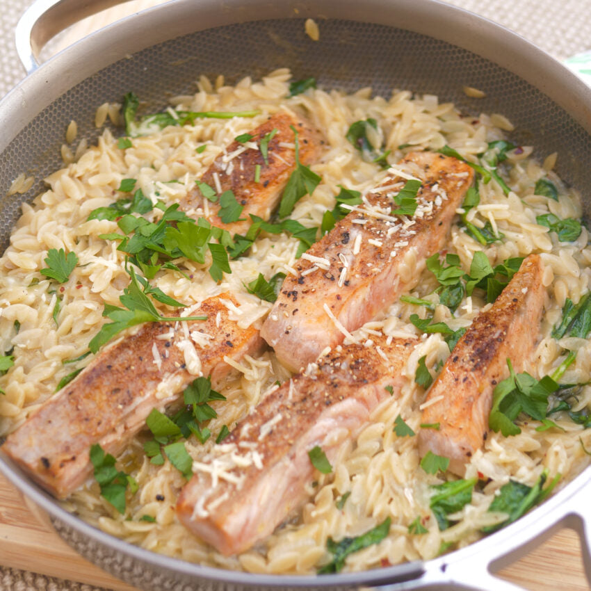 Pan-Seared Salmon with Lemon Orzo & Greens